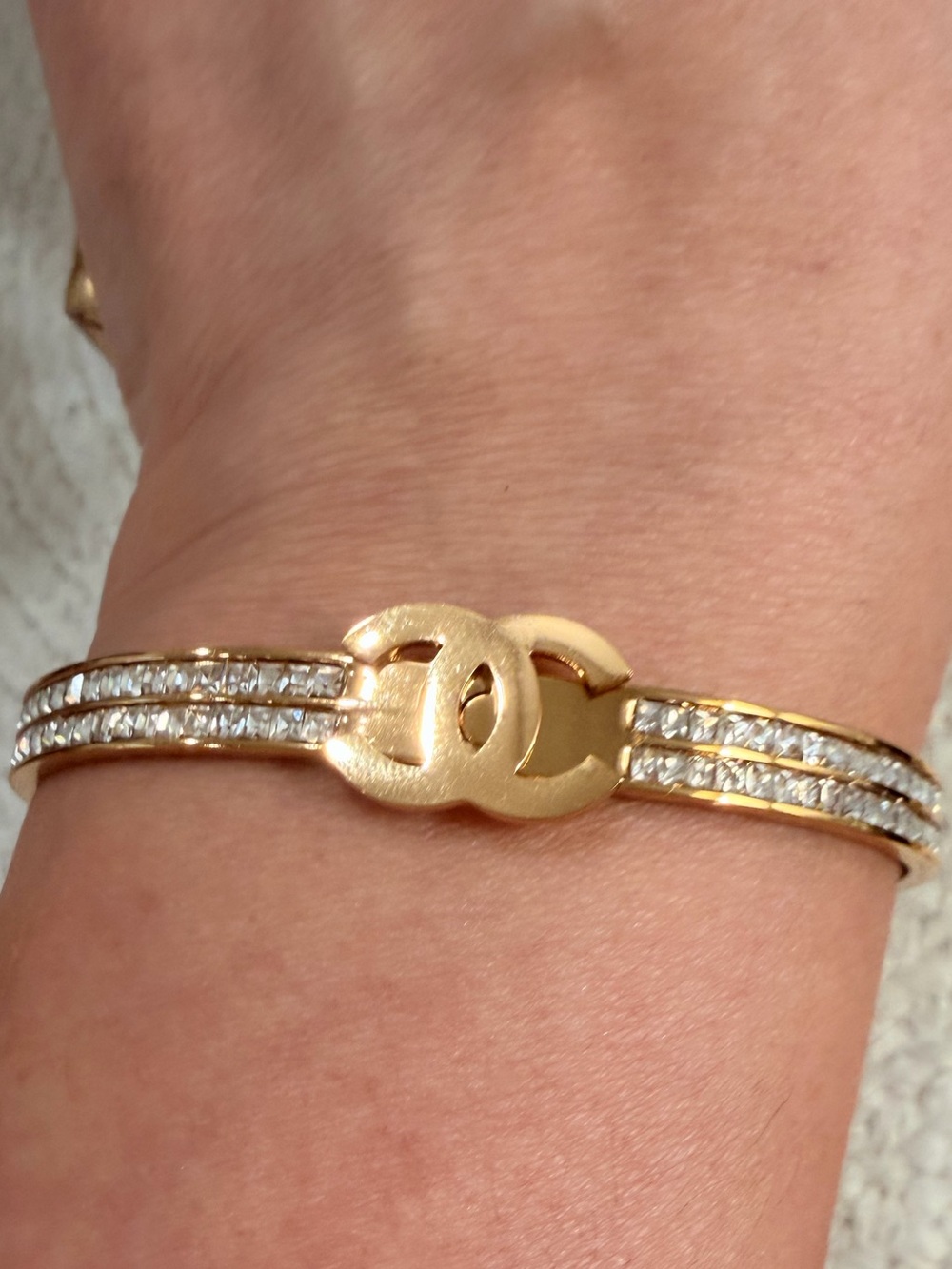 NEW | Gold - Toned Stainless Steel Logo Crystal Accent Hinge Bracelet